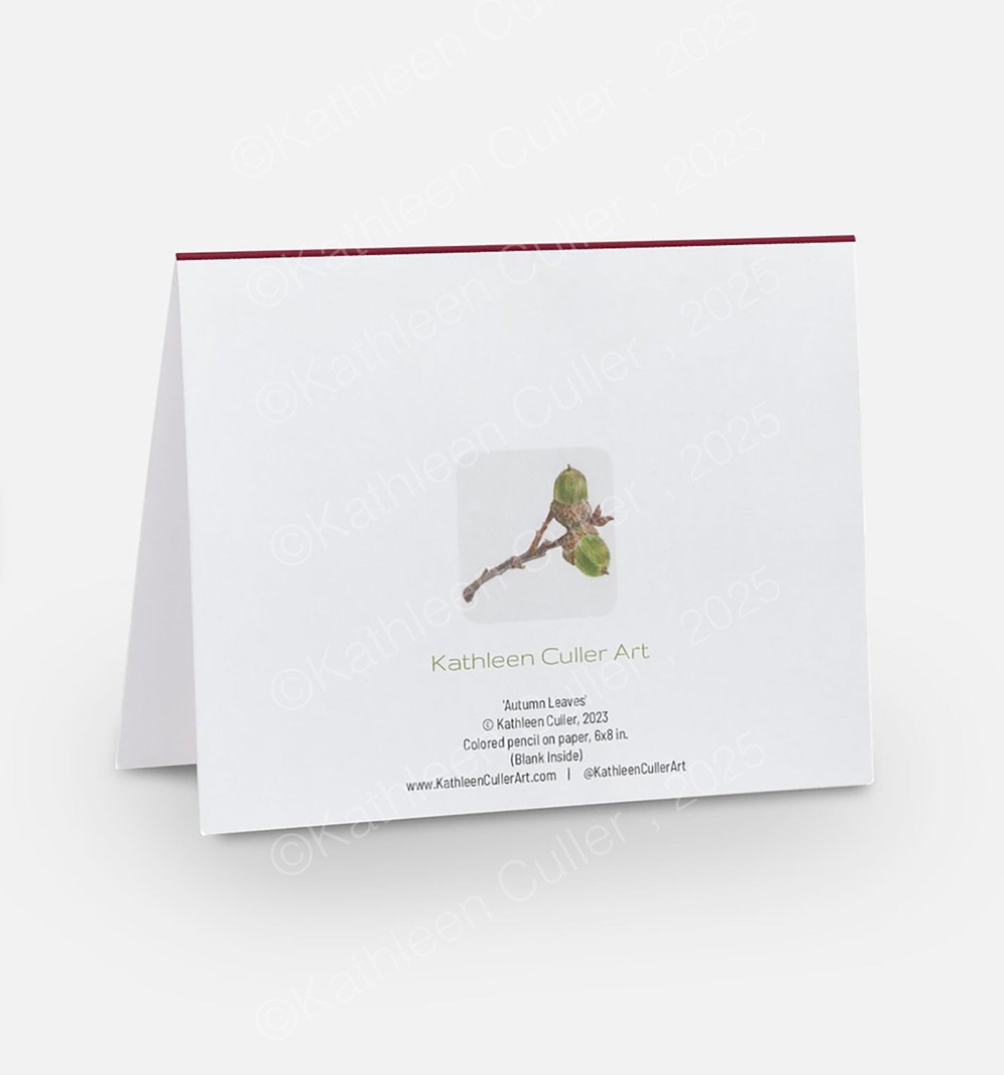 Greeting card with a branch and acorn illustration and 'Kathleen Culler Art' text on a white background