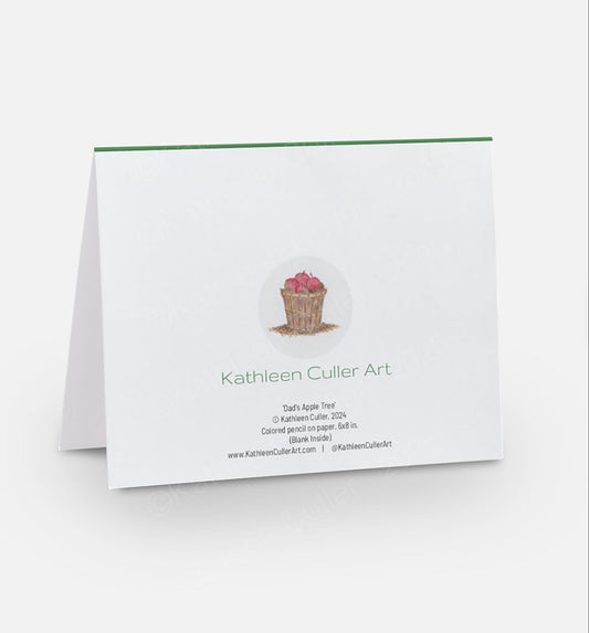 Greeting card with a small illustration of a basket of apples and text about Kathleen Culler Art on a white background.