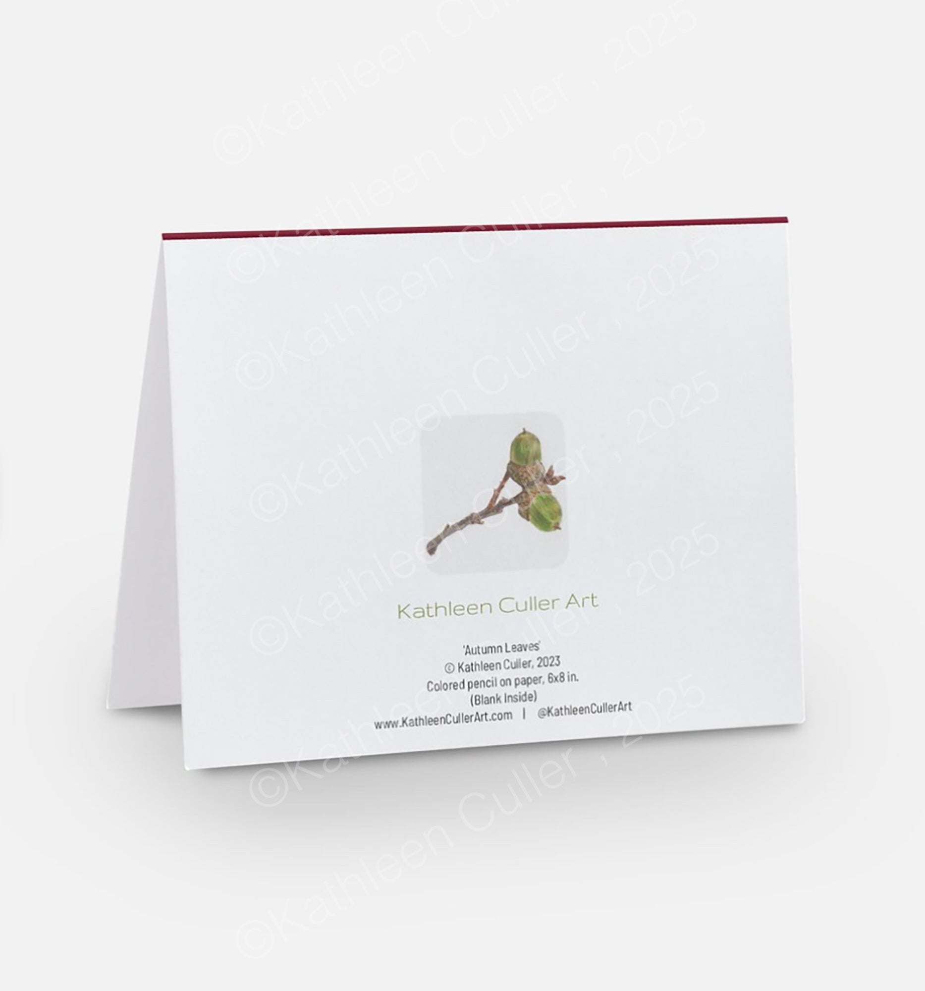 Greeting card with a branch and acorn illustration and 'Kathleen Culler Art' text on a white background