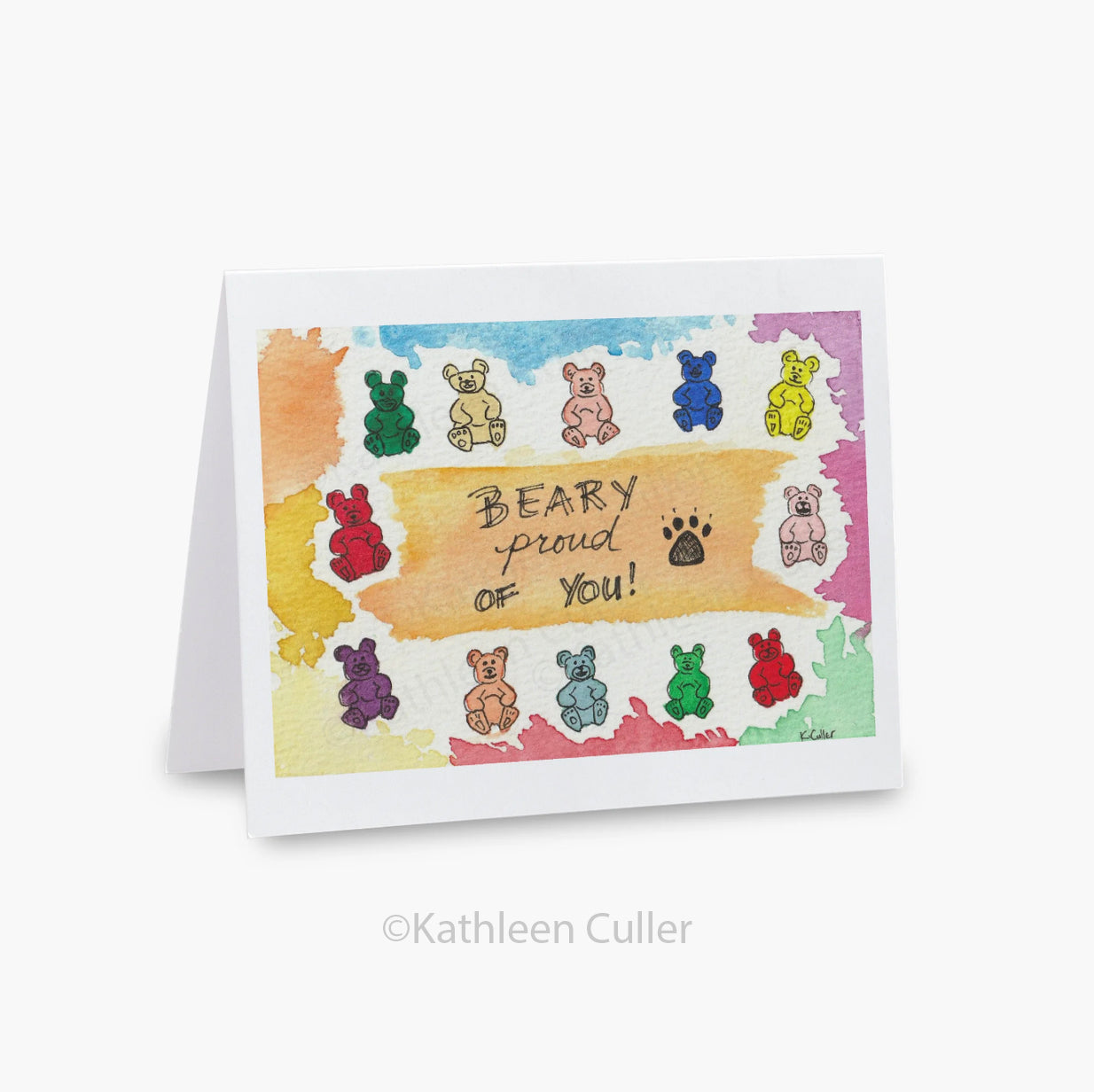 Greeting card with colorful  gummy bears and 'Beary proud of you!' text on a white background