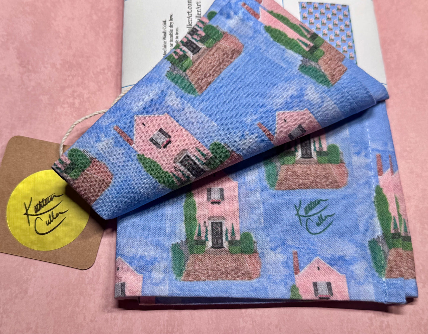 'Little Pink House', patterned 15x20" Cotton Tea Towel