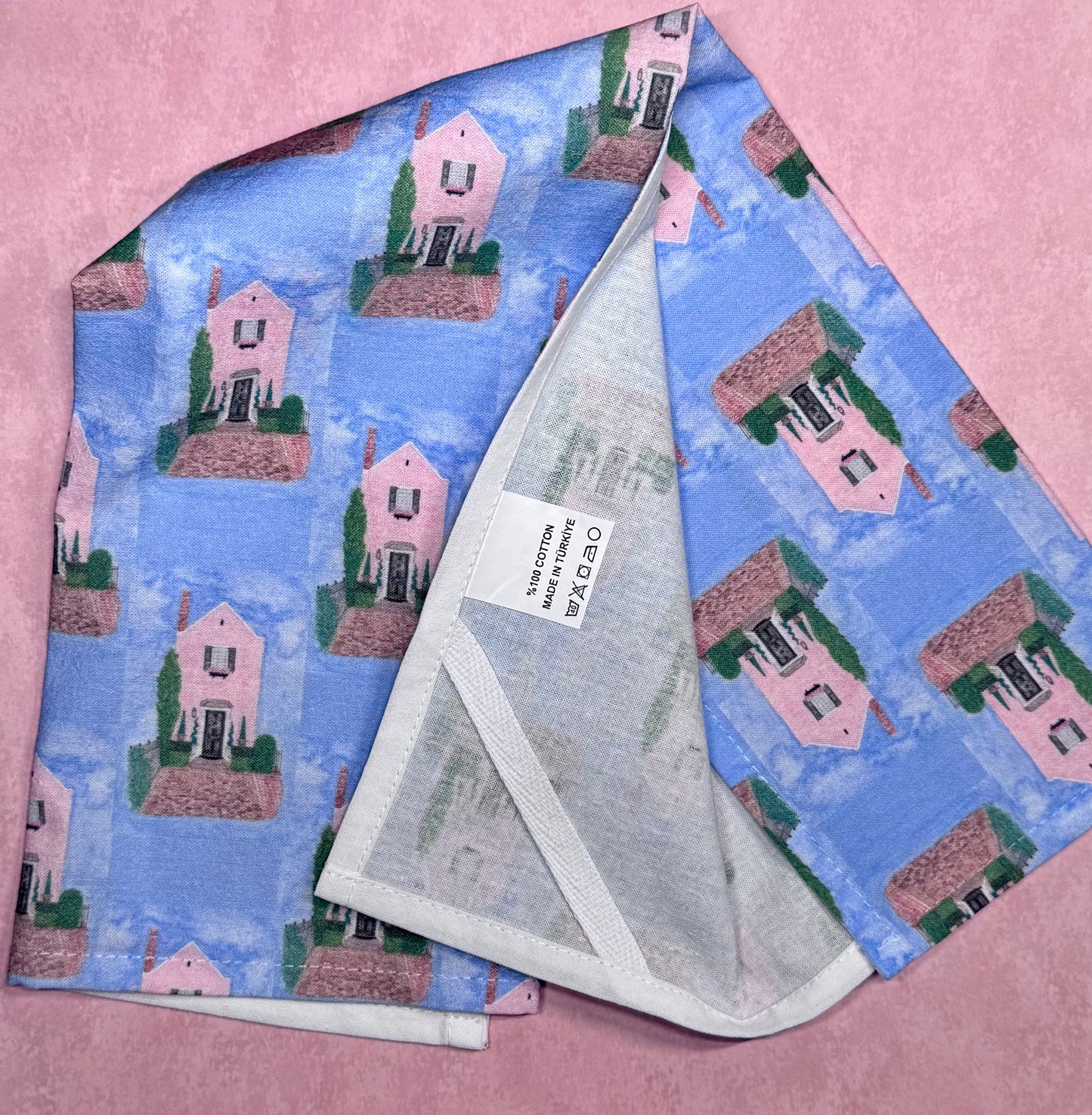 'Little Pink House', patterned 15x20" Cotton Tea Towel