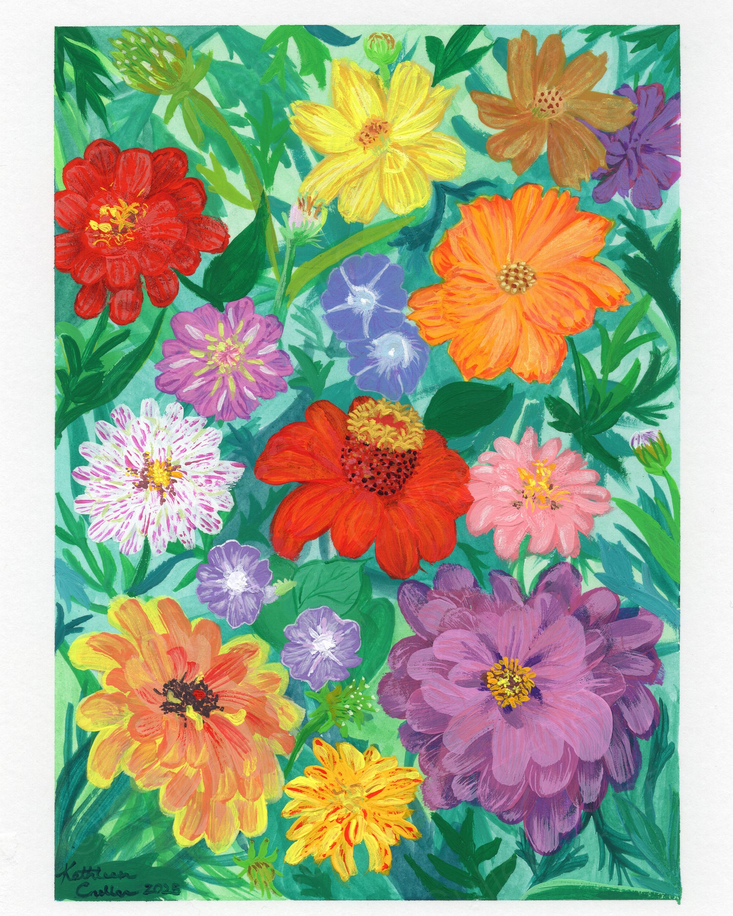 Colorful floral design with various flowers on a green background