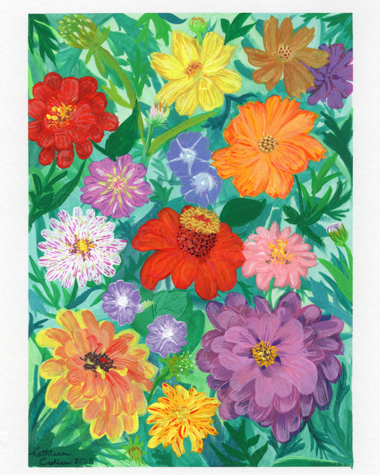 Colorful floral design with various flowers on a green background